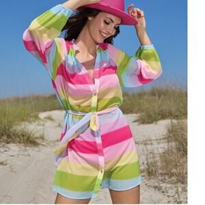Interstyle Colorful Rainbow Stripe Tunic Surf Resort Beach Sheer Cover Up M